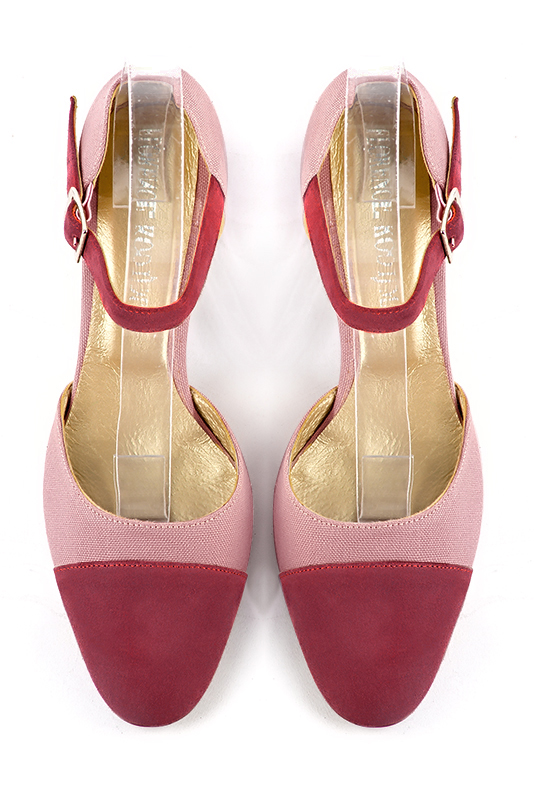 Raspberry red and dusty rose pink women's open side shoes, with an instep strap. Round toe. Medium block heels. Top view - Florence KOOIJMAN